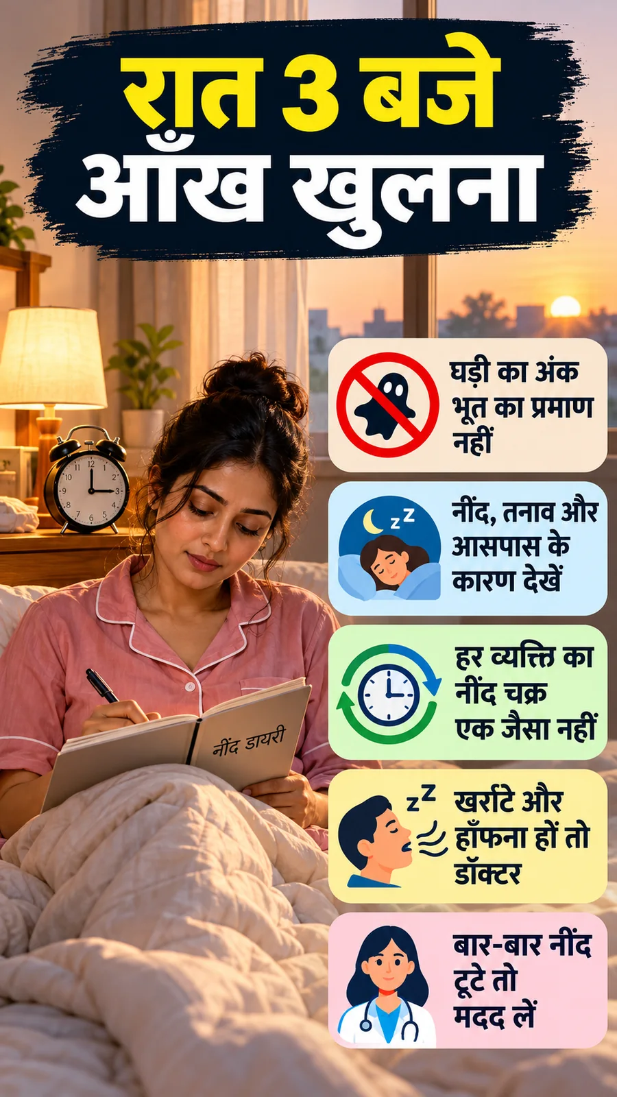 रात को 3 बजे नींद क्यों खुलती है पर कारण और सुरक्षित कदम समझाता सांकेतिक हिंदी पोस्टर।