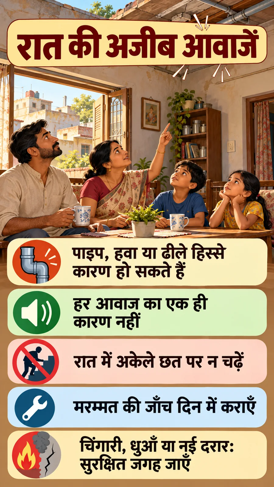 रात को छत पर आवाज पर कारण और सुरक्षित कदम समझाता सांकेतिक हिंदी पोस्टर।