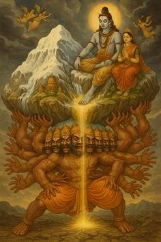 कैलाश पर्वत उठाते हुए रावण और शिव पार्वती का चित्र