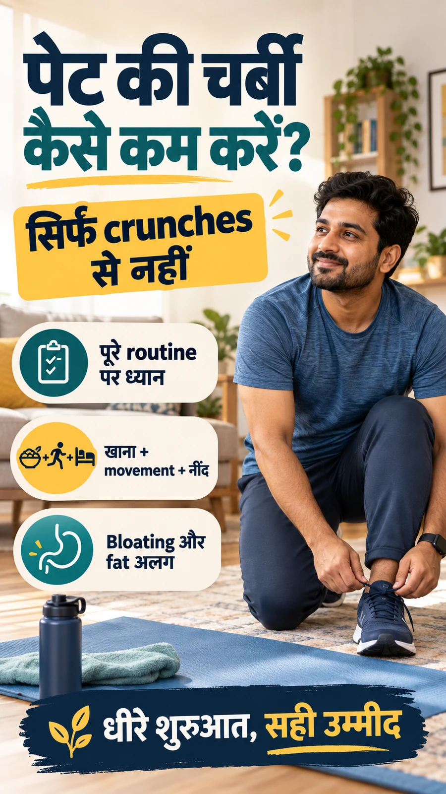 Hindi poster explaining why crunches cannot guarantee targeted belly fat loss