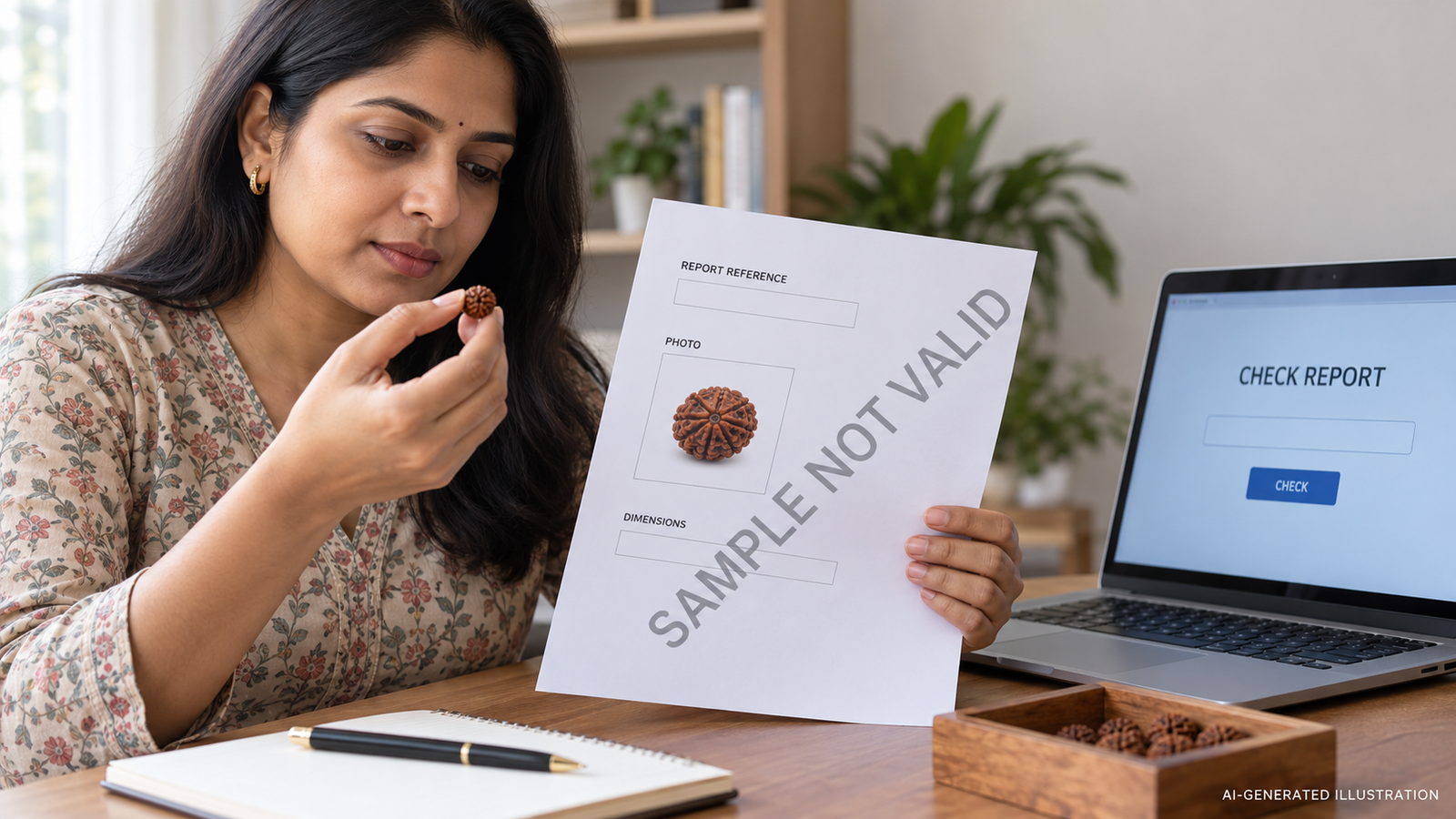 काल्पनिक report और दाने का विवरण मिलाती महिला (AI-generated illustration) काल्पनिक report और दाने का विवरण मिलाती महिला (AI-generated illustration)