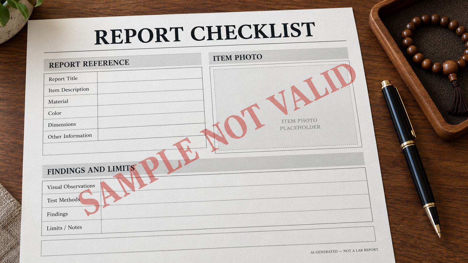 Fictional checklist showing report reference item photo and findings fields (AI-generated illustration)