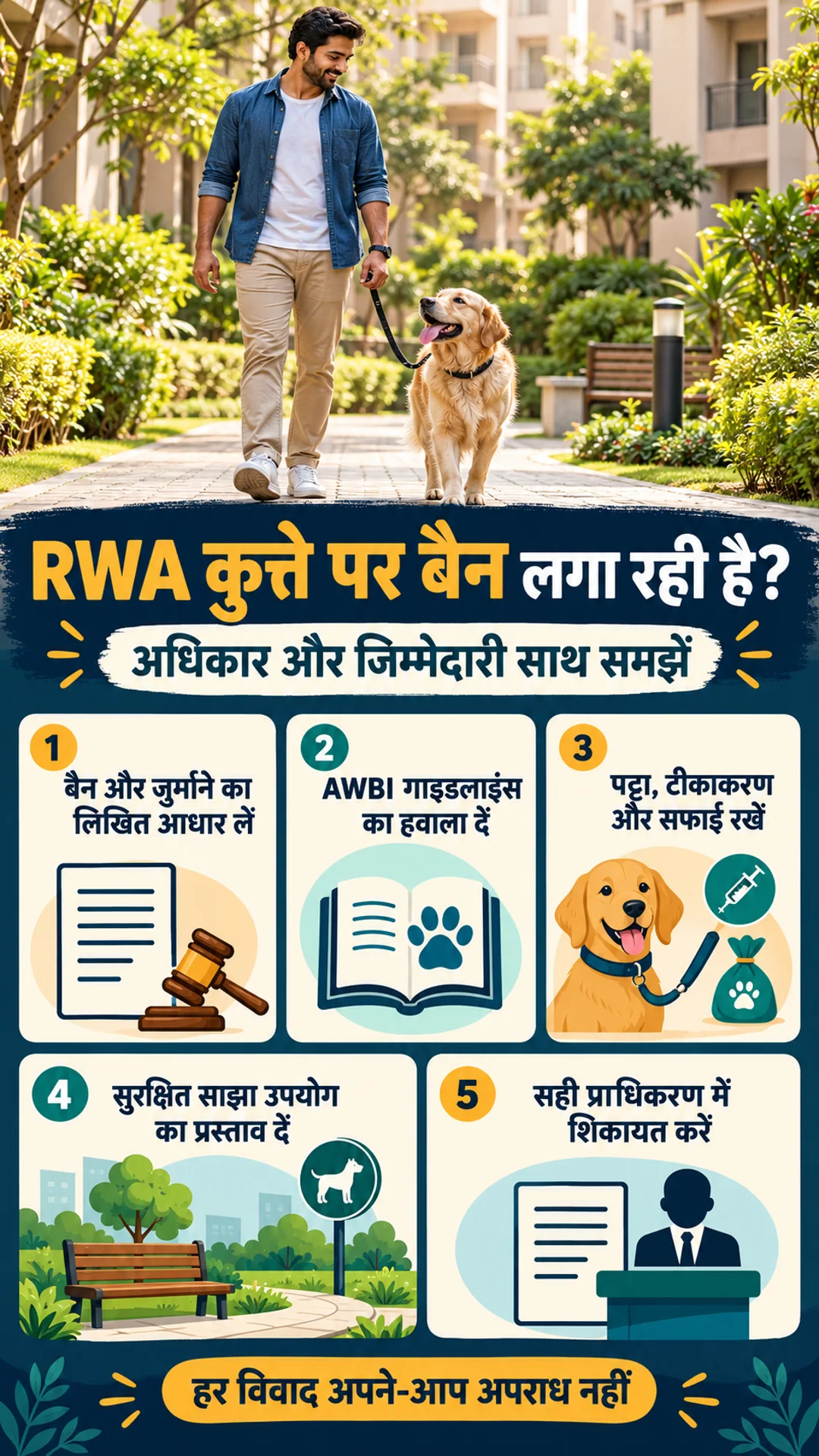 RWA पालतू कुत्ते पर बैन और जुर्माना लगाए तो पाँच कदम
