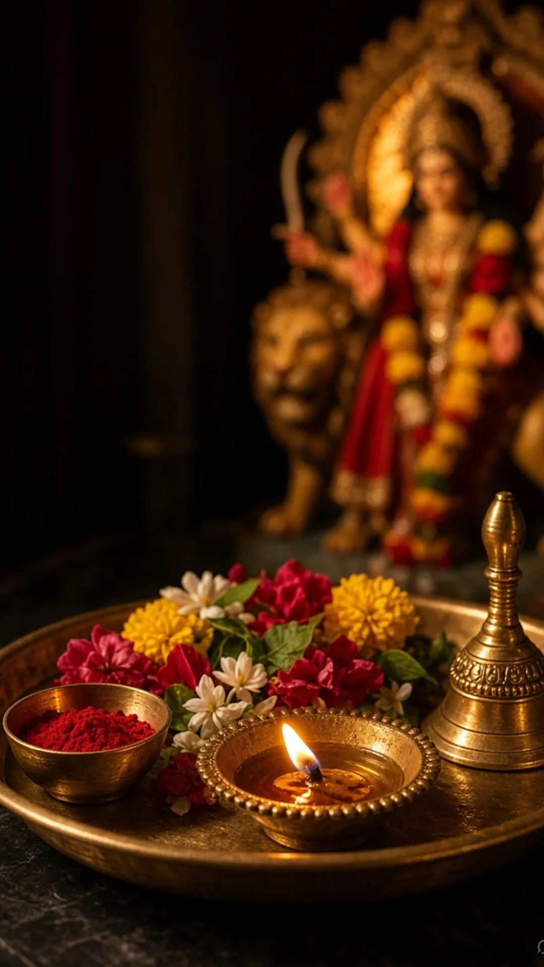 संधि पूजा आरती थाली दीया घंटा कुमकुम