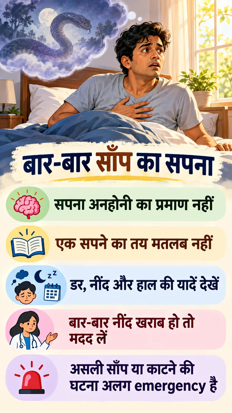 Illustrative Hindi poster on recurring snake dreams. The article explains the information in English.