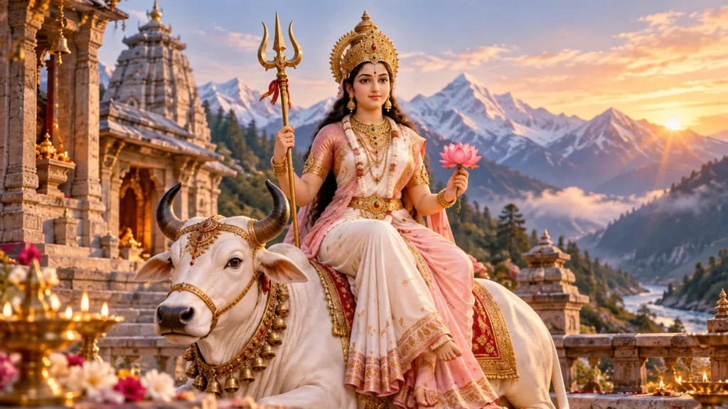 माँ शैलपुत्री की प्रतिमा और आरती का दीपक