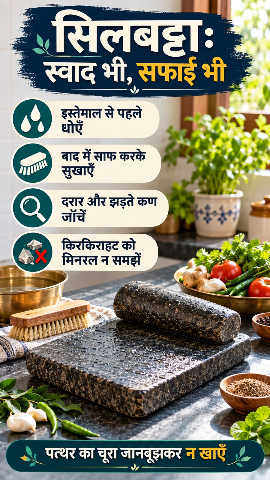 सिलबट्टे की सफाई, दरार और झड़ते कण जाँचने की सलाह
