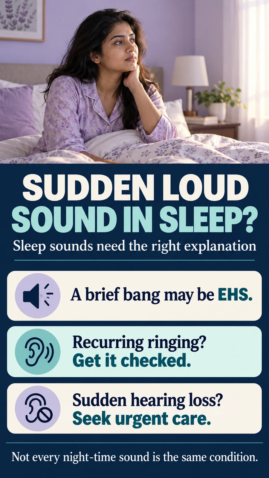 Sleep sound awareness poster explaining brief bangs, recurring ringing and urgent hearing-loss assessment