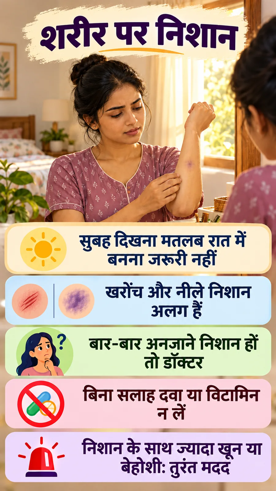 शरीर पर नीले निशान पर कारण और सुरक्षित कदम समझाता सांकेतिक हिंदी पोस्टर।