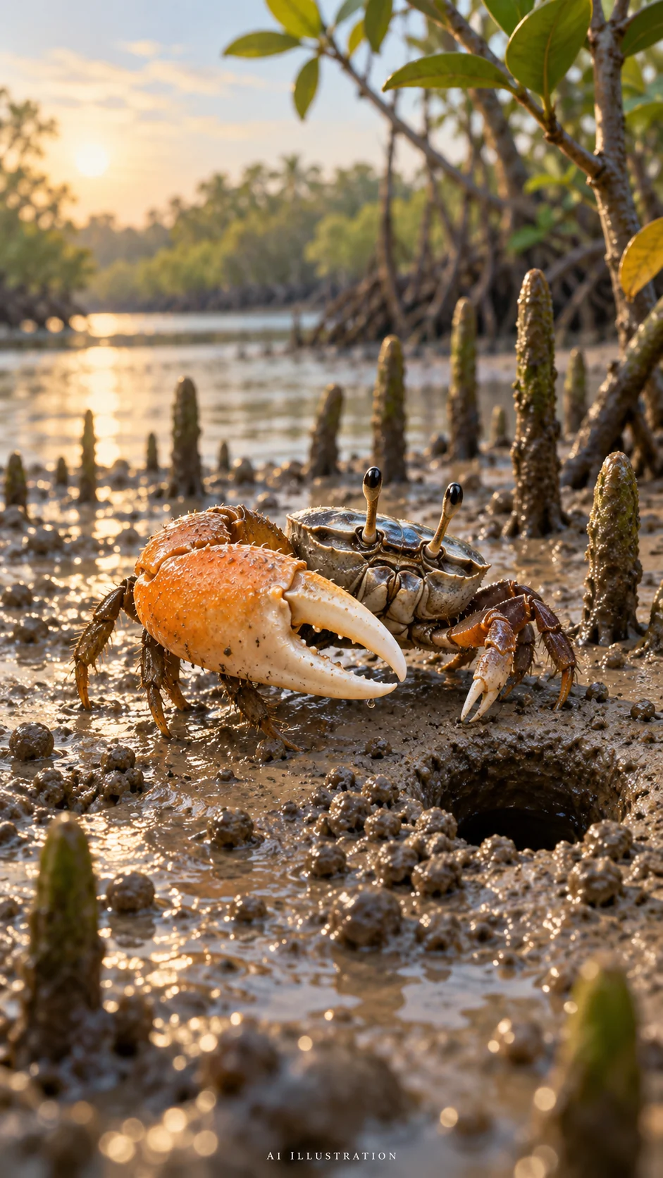 Conceptual fiddler-crab habitat scene; not an original Sundarbans photograph. (AI-generated illustration) Conceptual fiddler-crab habitat scene; not an original Sundarbans photograph. (AI-generated illustration)