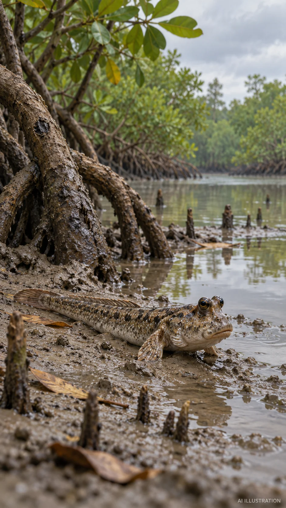 Conceptual mudskipper on damp mud; not evidence of an exact species. (AI-generated illustration) Conceptual mudskipper on damp mud; not evidence of an exact species. (AI-generated illustration)