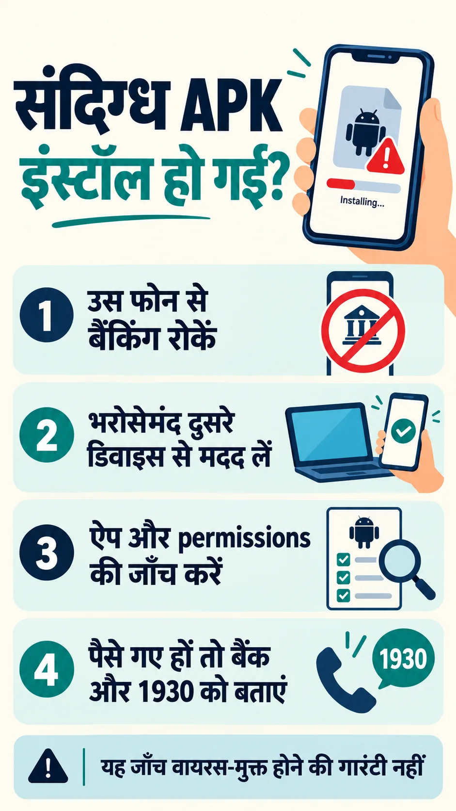 संदिग्ध APK: बैंकिंग रोकें, दूसरे डिवाइस से मदद, permissions जाँच और fraud reporting