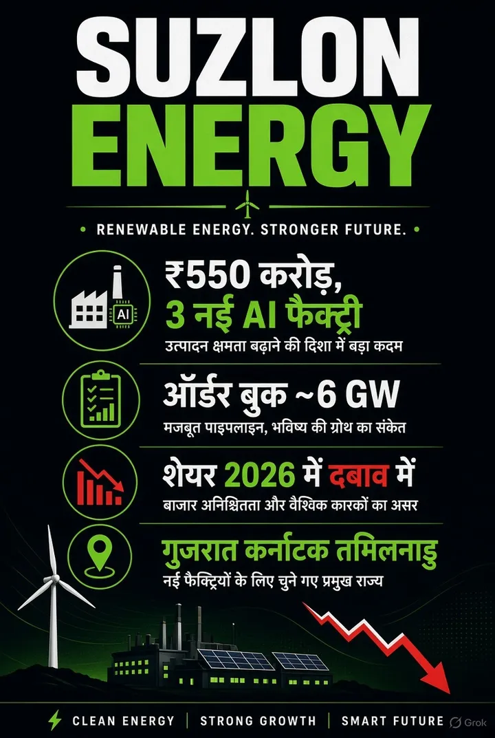 सुजलॉन एनर्जी इन्फो पोस्टर: 550 करोड़ फैक्ट्री, 6 GW ऑर्डर बुक