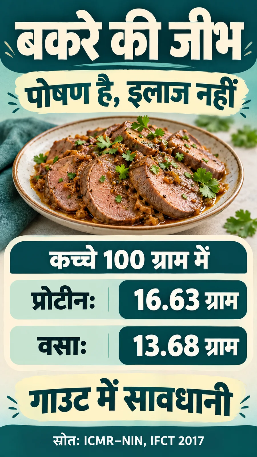 बकरे की जीभ: कच्चे 100 ग्राम का प्रोटीन और वसा पोस्टर
