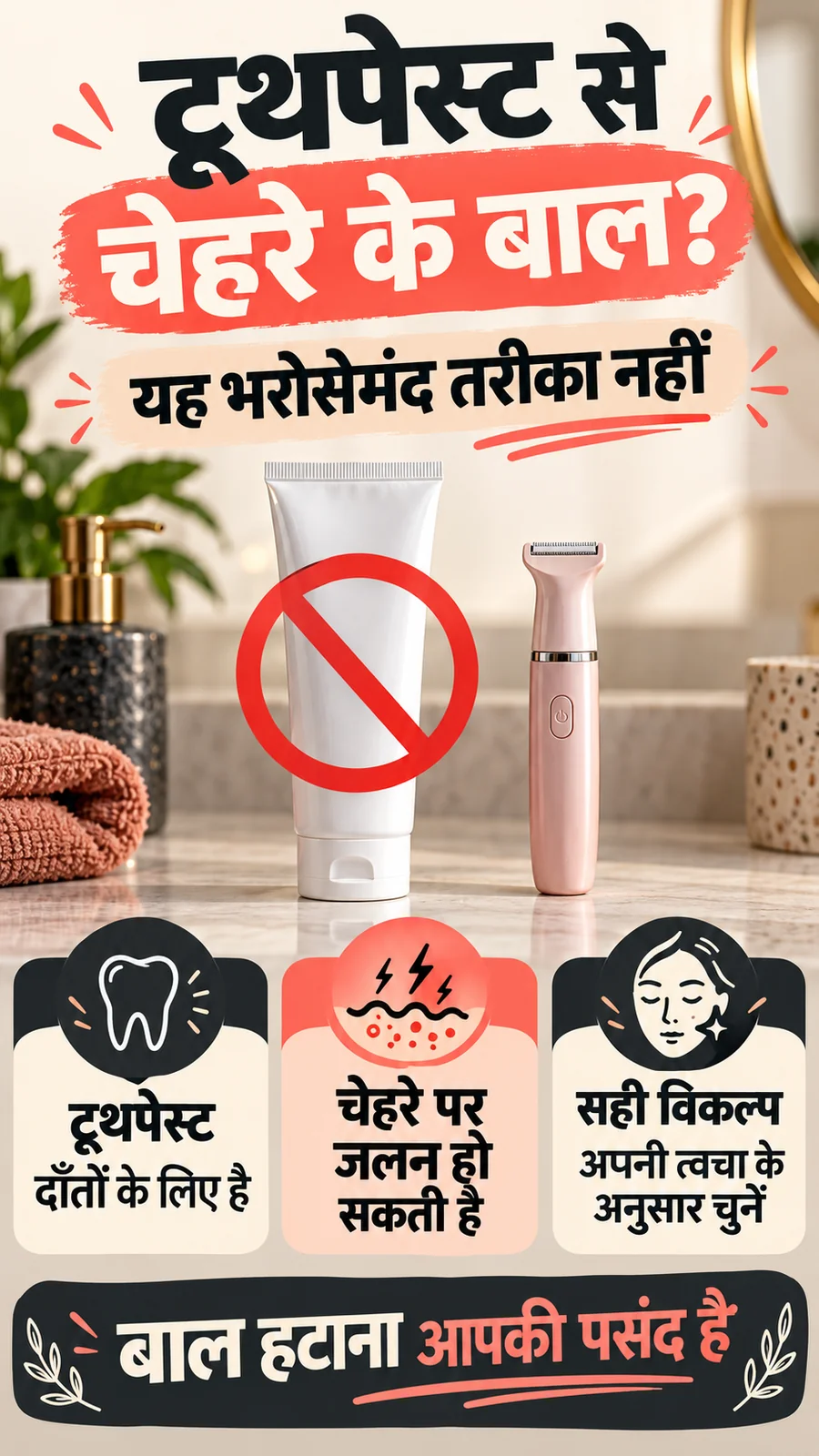 टूथपेस्ट से चेहरे के बाल हटाने का दावा और जलन का जोखिम समझाता हिंदी पोस्टर