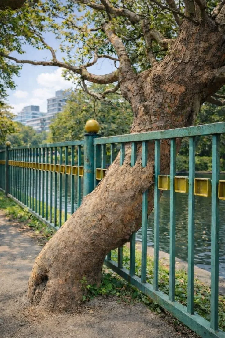 लोहे की हरी रेलिंग की सलाखों के आर-पार फैलता हुआ विशाल पेड़ का तना