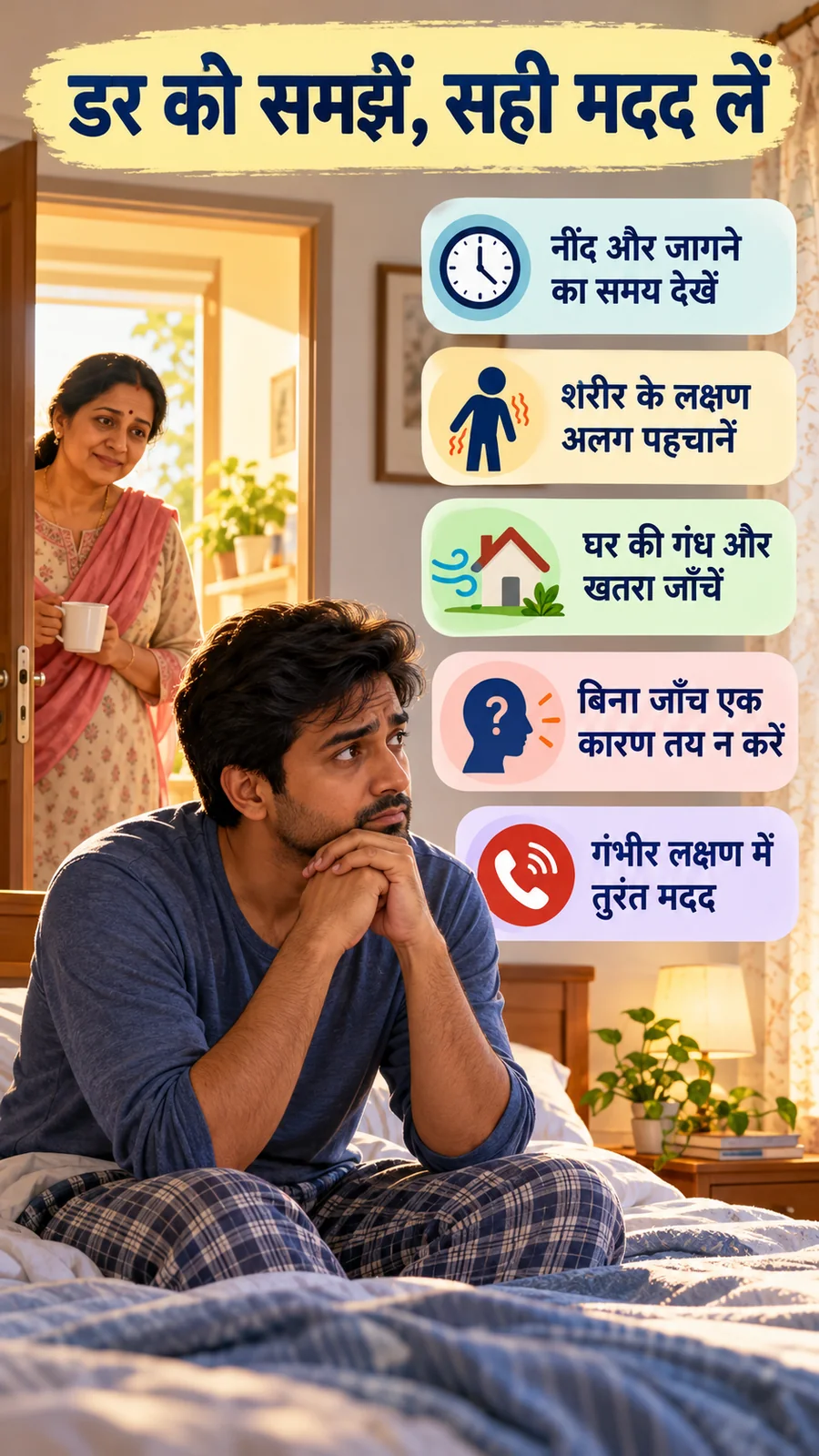 ऊपरी हवा के लक्षण पर जानकारी और सुरक्षित कदम समझाता सांकेतिक हिंदी पोस्टर।