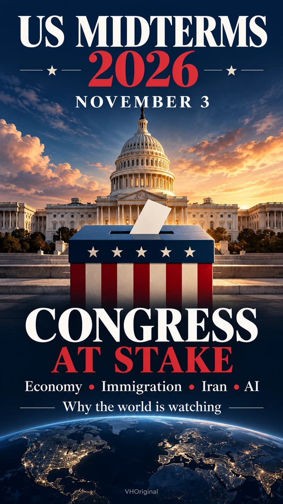 US Midterms 2026: 3 नवंबर और प्रमुख चुनावी मुद्दों का अंग्रेजी पोस्टर