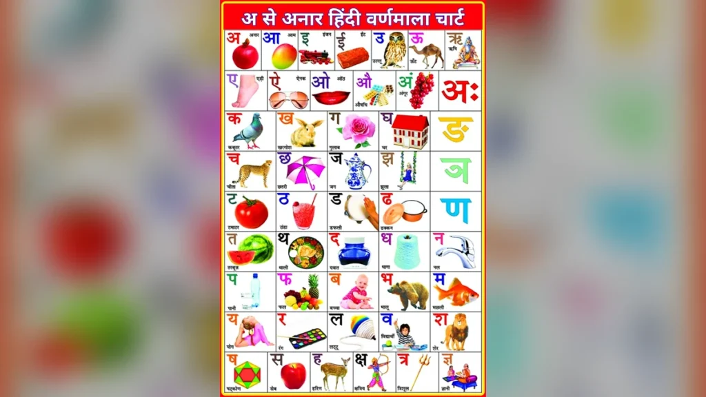 बच्चों के लिए अ से अनार हिंदी वर्णमाला चार्ट। अपने बच्चे को हिंदी अक्षर ज्ञान सिखाएं।