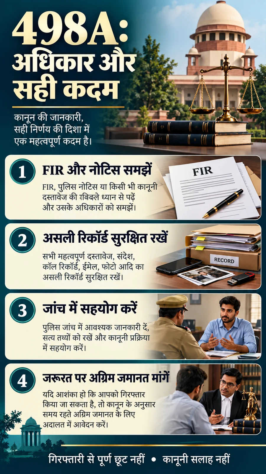 498A के आरोपों में FIR समझने, असली रिकॉर्ड रखने, जांच में सहयोग और अग्रिम जमानत के कदम