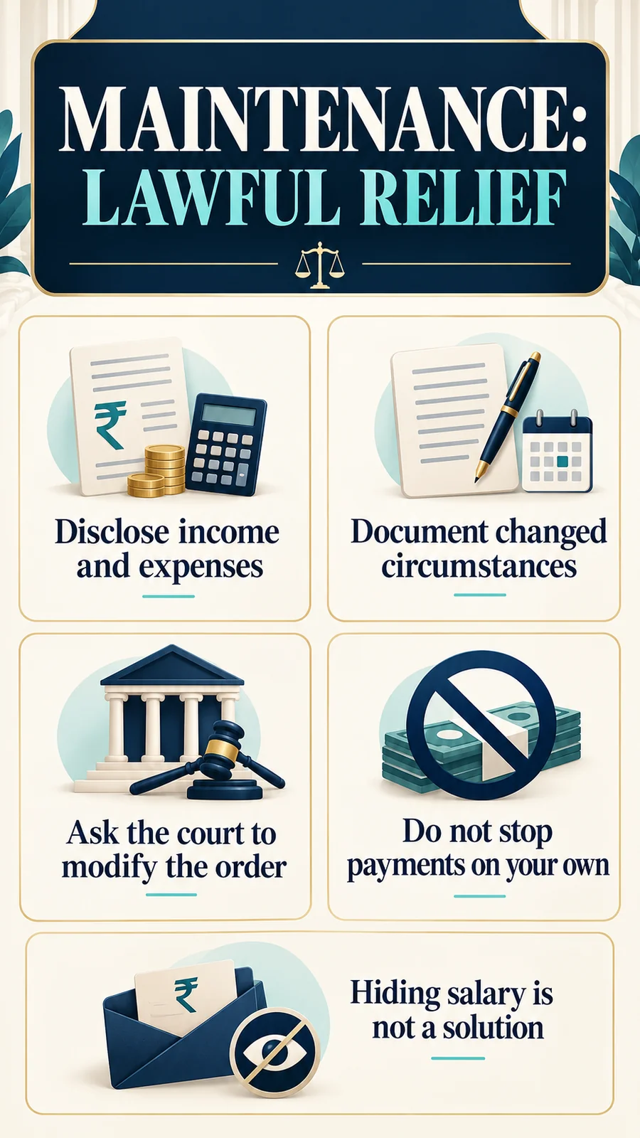 MAINTENANCE: LAWFUL RELIEF · Disclose income and expenses · Document changed circumstances · Ask the court to modify the order · Do not stop payments on your own · Hiding salary is not a solution