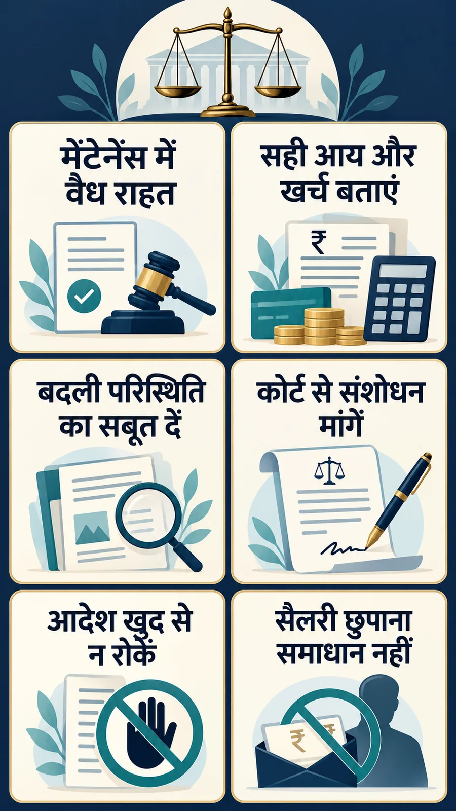 मेंटेनेंस में वैध राहत · सही आय और खर्च बताएं · बदली परिस्थिति का सबूत दें · कोर्ट से संशोधन मांगें · आदेश खुद से न रोकें · सैलरी छुपाना समाधान नहीं