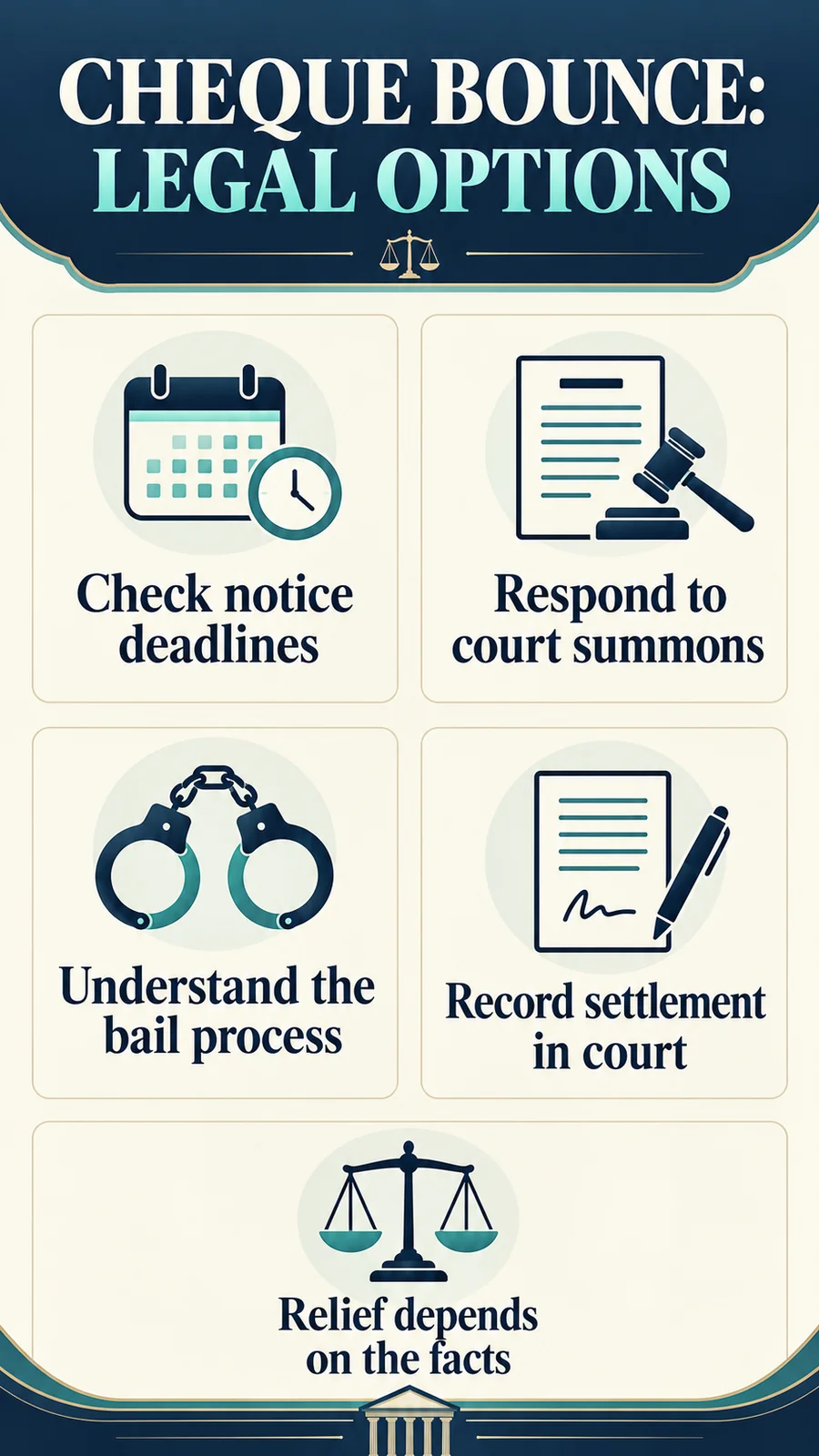 CHEQUE BOUNCE: LEGAL OPTIONS · Check notice deadlines · Respond to court summons · Understand the bail process · Record settlement in court · Relief depends on the facts