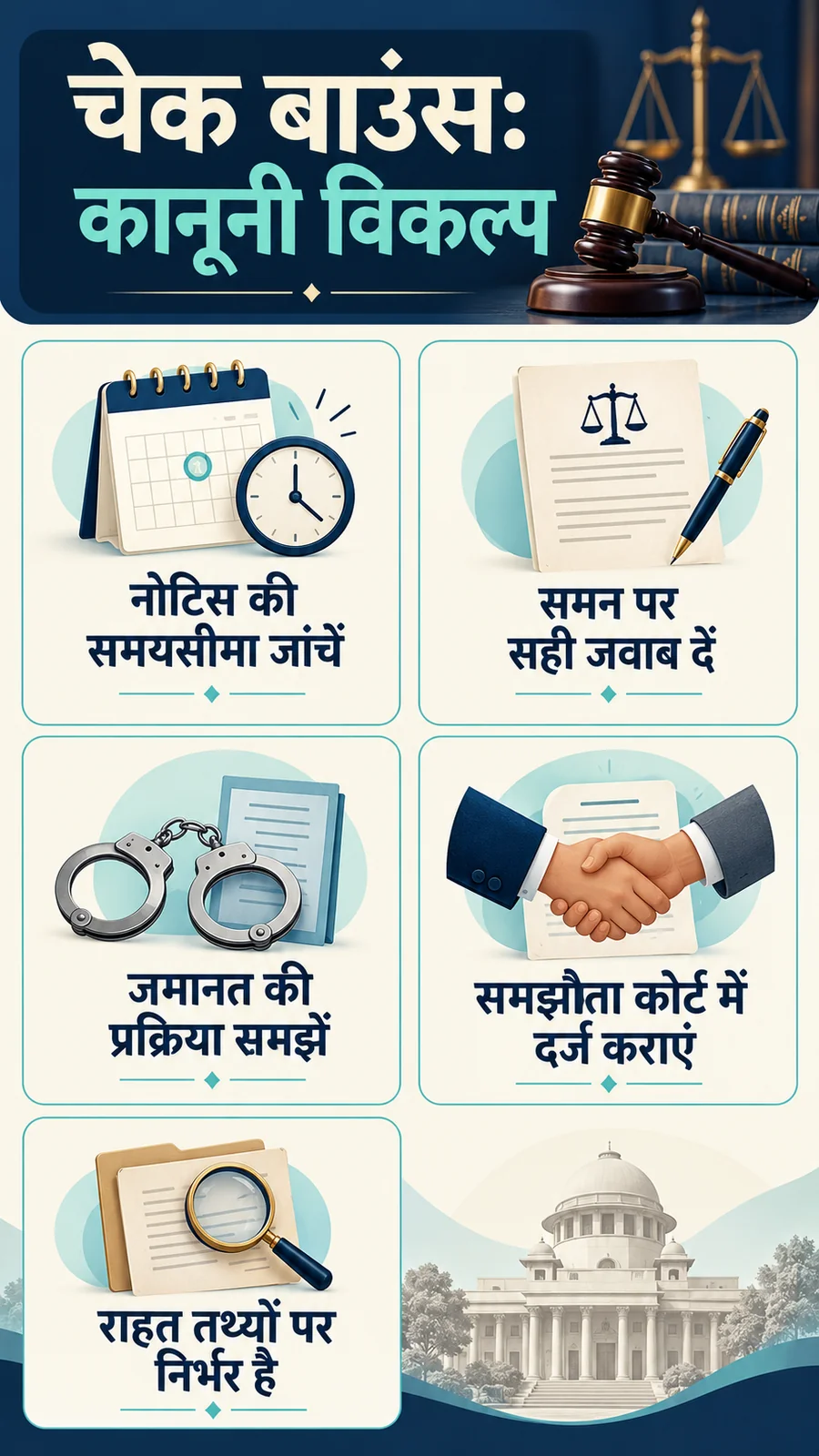 चेक बाउंस: कानूनी विकल्प · नोटिस की समयसीमा जांचें · समन पर सही जवाब दें · जमानत की प्रक्रिया समझें · समझौता कोर्ट में दर्ज कराएं · राहत तथ्यों पर निर्भर है