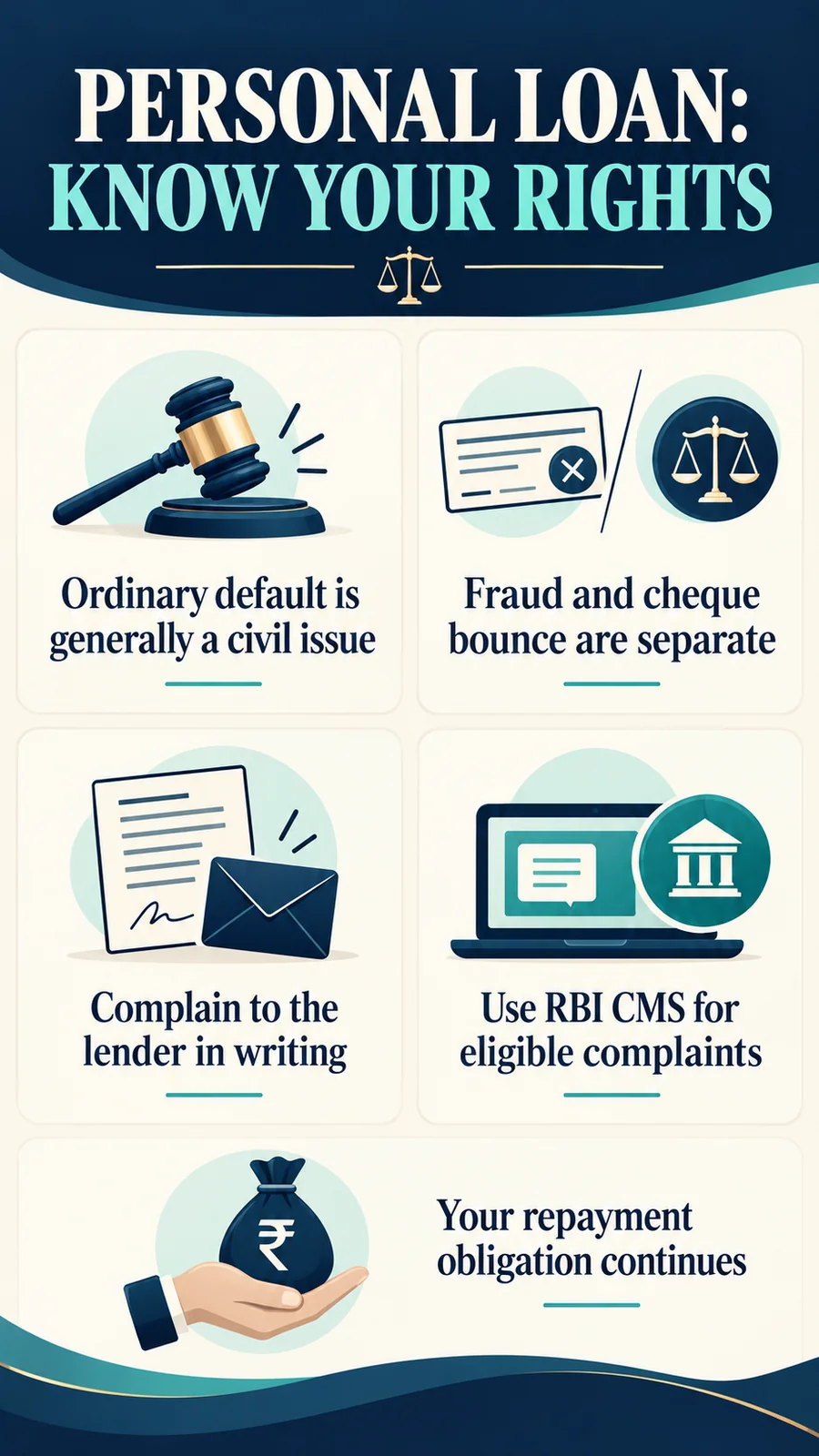 PERSONAL LOAN: KNOW YOUR RIGHTS · Ordinary default is generally a civil issue · Fraud and cheque bounce are separate · Complain to the lender in writing · Use RBI CMS for eligible complaints · Your repayment obligation continues