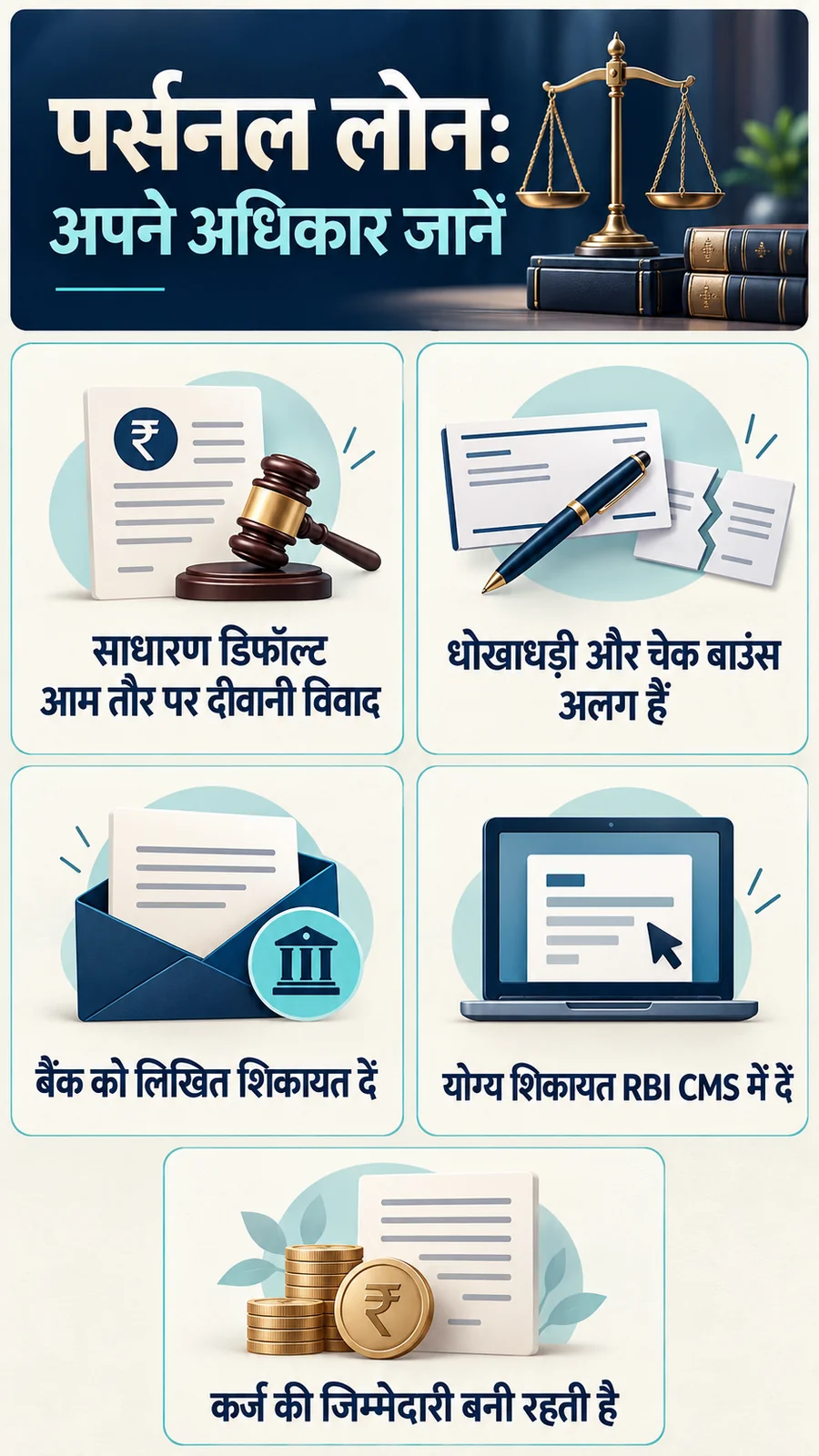 पर्सनल लोन: अपने अधिकार जानें · साधारण डिफॉल्ट आम तौर पर दीवानी विवाद · धोखाधड़ी और चेक बाउंस अलग हैं · बैंक को लिखित शिकायत दें · योग्य शिकायत RBI CMS में दें · कर्ज की जिम्मेदारी बनी रहती है