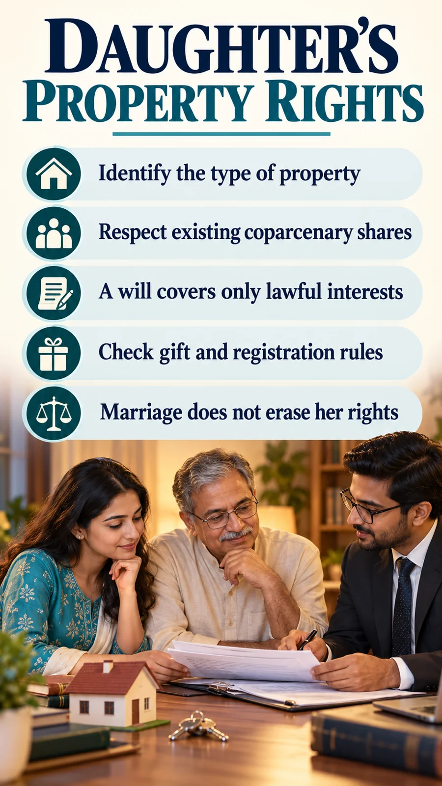 DAUGHTER’S PROPERTY RIGHTS · Identify the type of property · Respect existing coparcenary shares · A will covers only lawful interests · Check gift and registration rules · Marriage does not erase her rights
