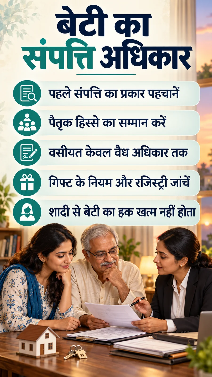 बेटी का संपत्ति अधिकार · पहले संपत्ति का प्रकार पहचानें · पैतृक हिस्से का सम्मान करें · वसीयत केवल वैध अधिकार तक · गिफ्ट के नियम और रजिस्ट्री जांचें · शादी से बेटी का हक खत्म नहीं होता