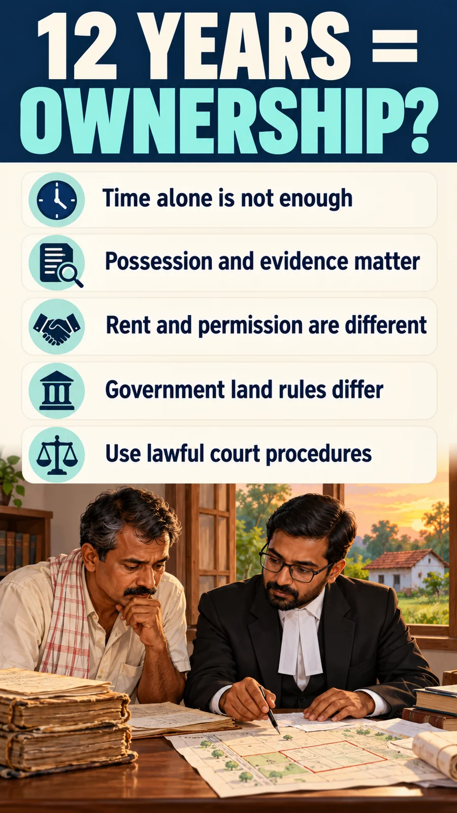12 YEARS = OWNERSHIP? · Time alone is not enough · Possession and evidence matter · Rent and permission are different · Government land rules differ · Use lawful court procedures