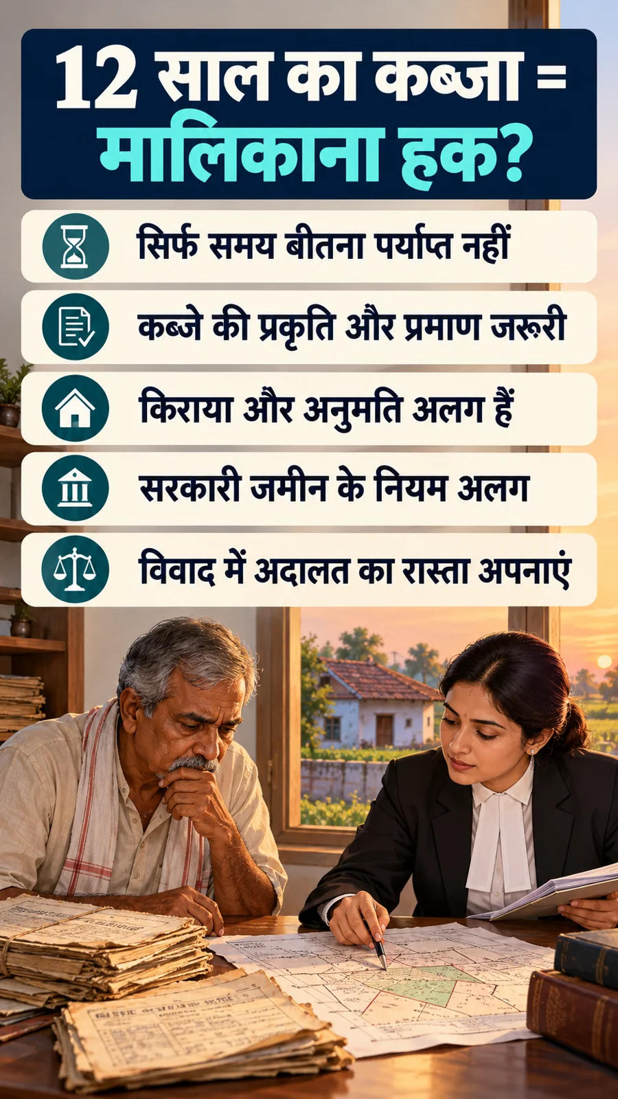 12 साल का कब्जा = मालिकाना हक? · सिर्फ समय बीतना पर्याप्त नहीं · कब्जे की प्रकृति और प्रमाण जरूरी · किराया और अनुमति अलग हैं · सरकारी जमीन के नियम अलग · विवाद में अदालत का रास्ता अपनाएं