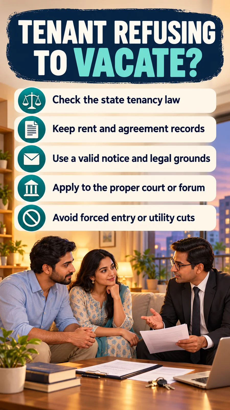 TENANT REFUSING TO VACATE? · Check the state tenancy law · Keep rent and agreement records · Use a valid notice and legal grounds · Apply to the proper court or forum · Avoid forced entry or utility cuts