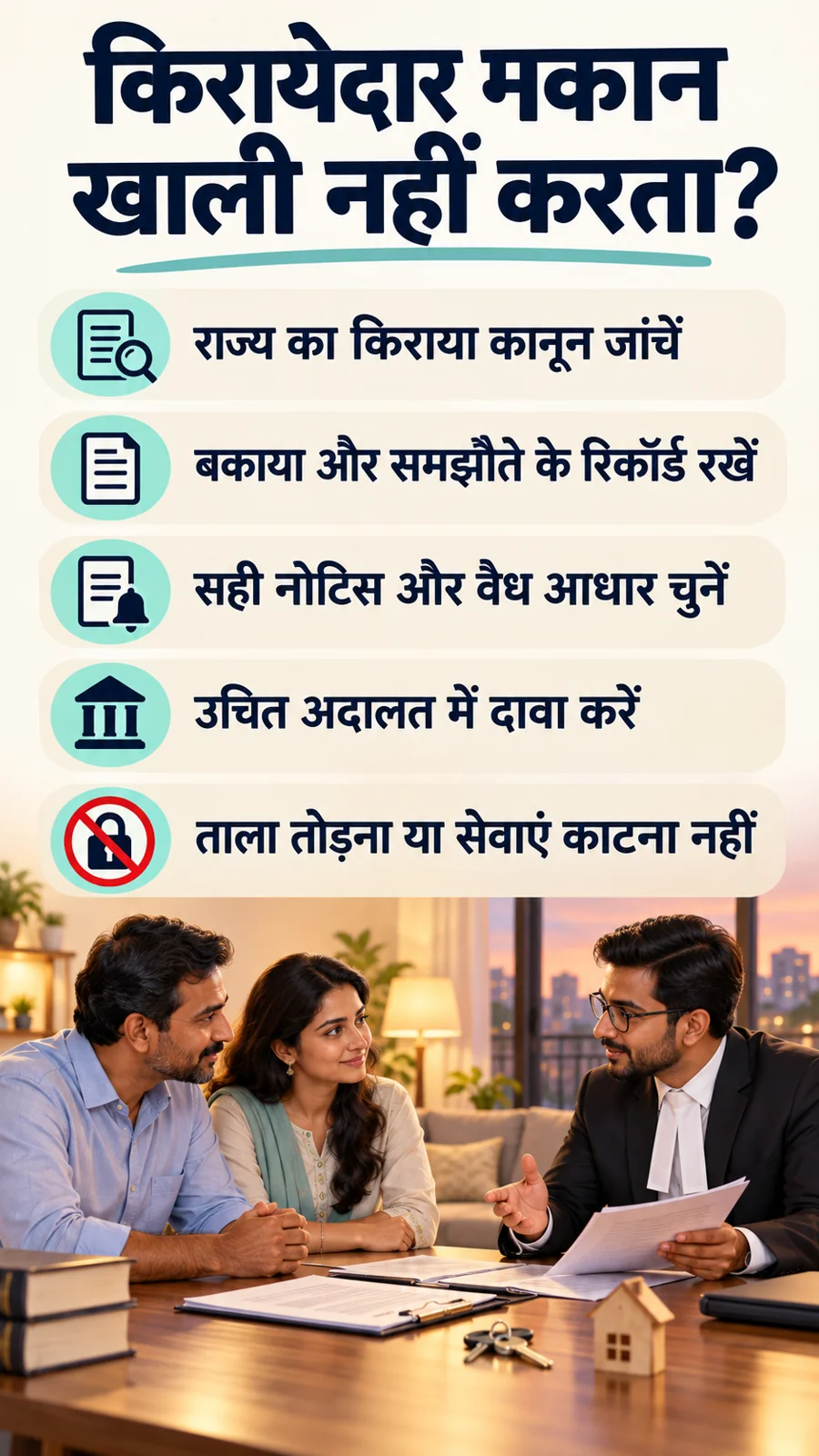 किरायेदार मकान खाली नहीं करता? · राज्य का किराया कानून जांचें · बकाया और समझौते के रिकॉर्ड रखें · सही नोटिस और वैध आधार चुनें · उचित अदालत में दावा करें · ताला तोड़ना या सेवाएं काटना नहीं