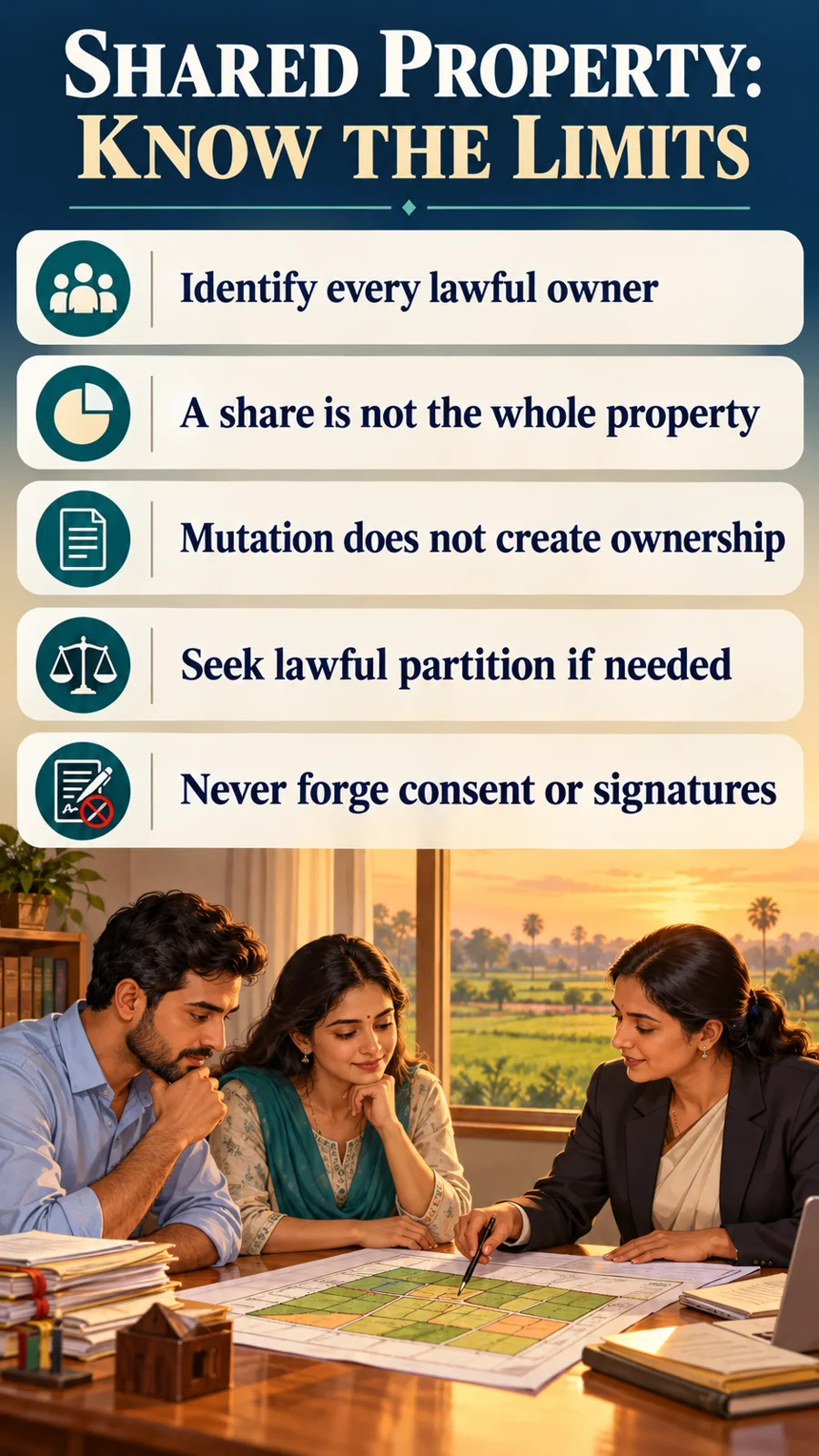SHARED PROPERTY: KNOW THE LIMITS · Identify every lawful owner · A share is not the whole property · Mutation does not create ownership · Seek lawful partition if needed · Never forge consent or signatures