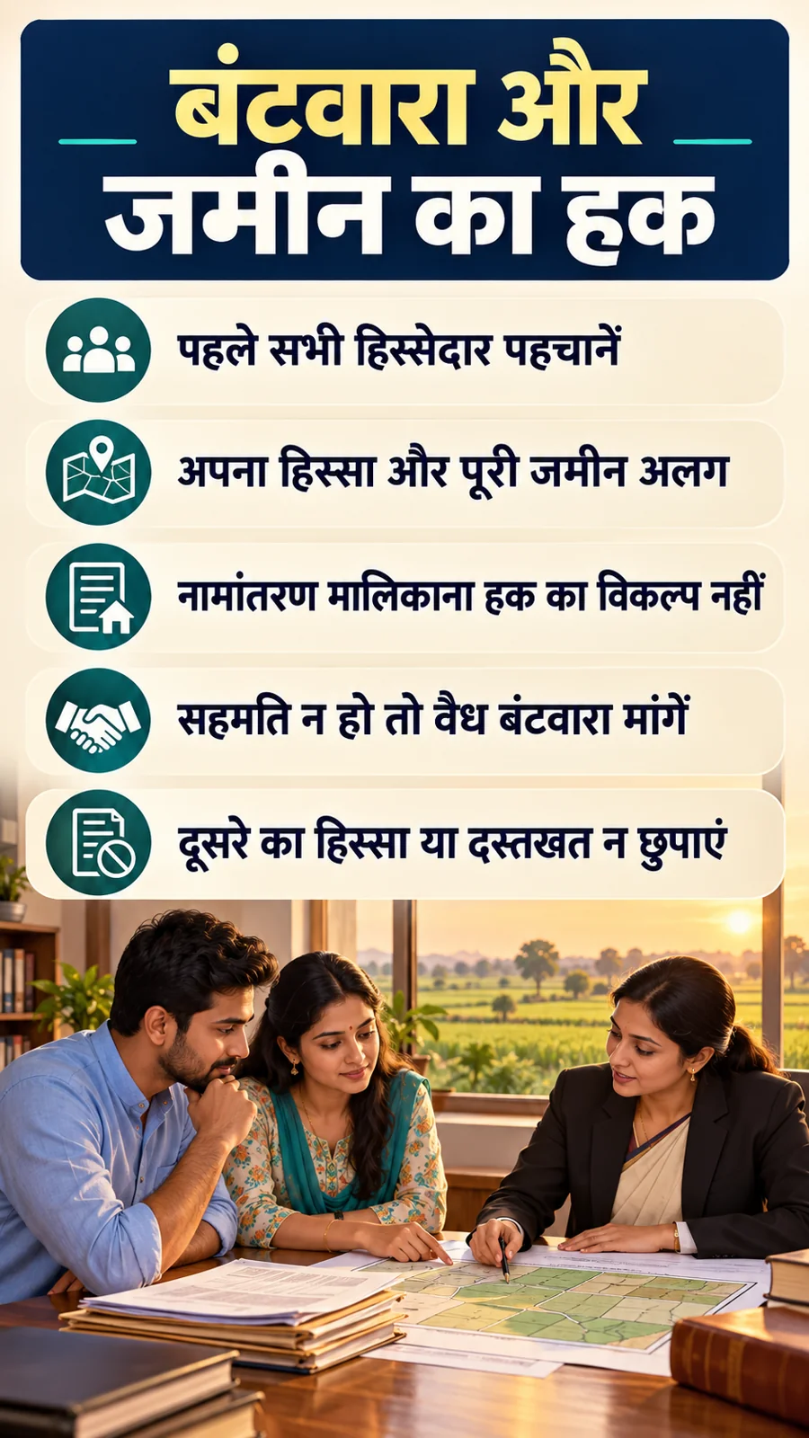 बंटवारा और जमीन का हक · पहले सभी हिस्सेदार पहचानें · अपना हिस्सा और पूरी जमीन अलग · नामांतरण मालिकाना हक का विकल्प नहीं · सहमति न हो तो वैध बंटवारा मांगें · दूसरे का हिस्सा या दस्तखत न छुपाएं