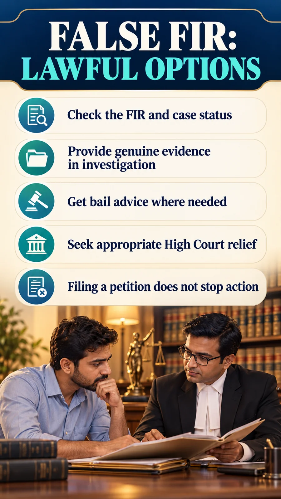 FALSE FIR: LAWFUL OPTIONS · Check the FIR and case status · Provide genuine evidence in investigation · Get bail advice where needed · Seek appropriate High Court relief · Filing a petition does not stop action