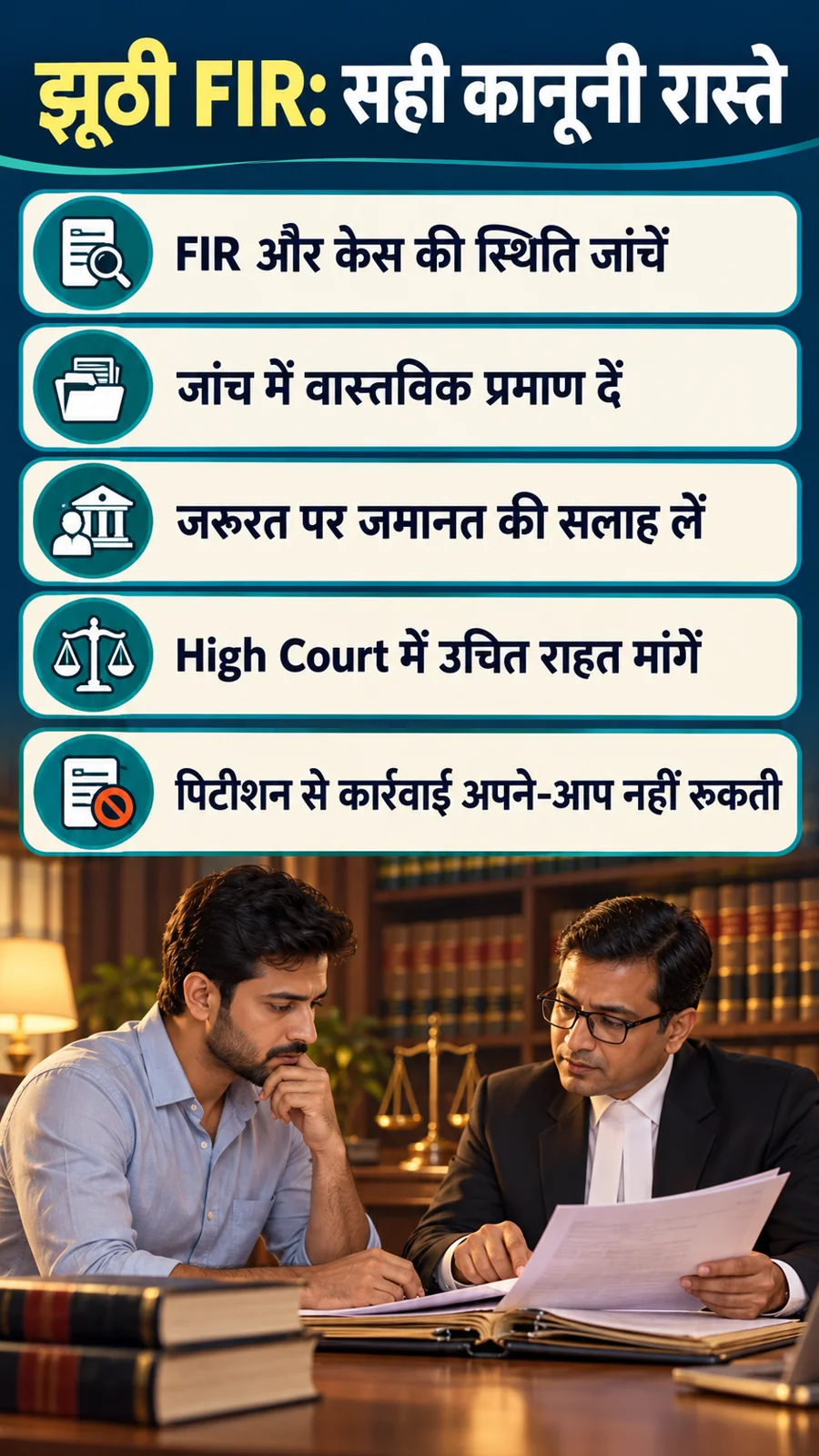 झूठी FIR: सही कानूनी रास्ते · FIR और केस की स्थिति जांचें · जांच में वास्तविक प्रमाण दें · जरूरत पर जमानत की सलाह लें · High Court में उचित राहत मांगें · पिटीशन से कार्रवाई अपने-आप नहीं रुकती