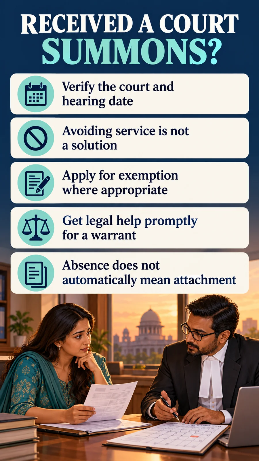 RECEIVED A COURT SUMMONS? · Verify the court and hearing date · Avoiding service is not a solution · Apply for exemption where appropriate · Get legal help promptly for a warrant · Absence does not automatically mean attachment
