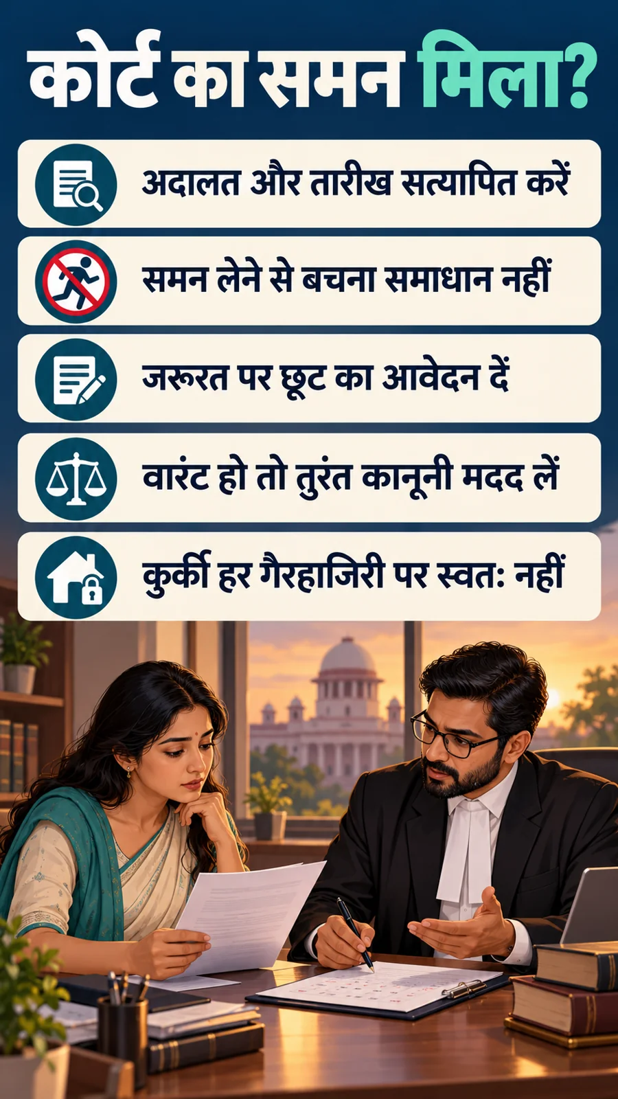 कोर्ट का समन मिला? · अदालत और तारीख सत्यापित करें · समन लेने से बचना समाधान नहीं · जरूरत पर छूट का आवेदन दें · वारंट हो तो तुरंत कानूनी मदद लें · कुर्की हर गैरहाजिरी पर स्वतः नहीं