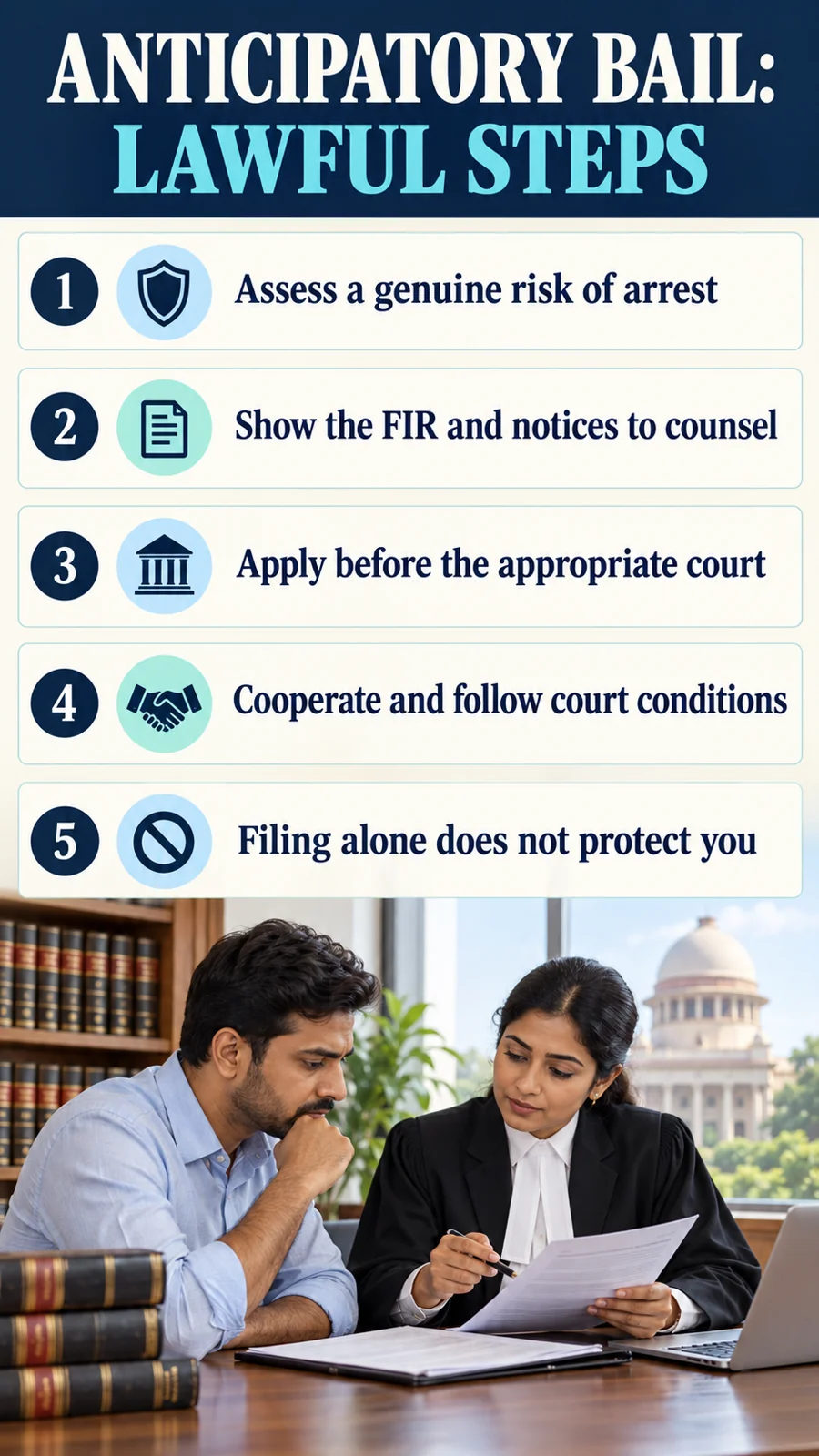 ANTICIPATORY BAIL: LAWFUL STEPS · Assess a genuine risk of arrest · Show the FIR and notices to counsel · Apply before the appropriate court · Cooperate and follow court conditions · Filing alone does not protect you