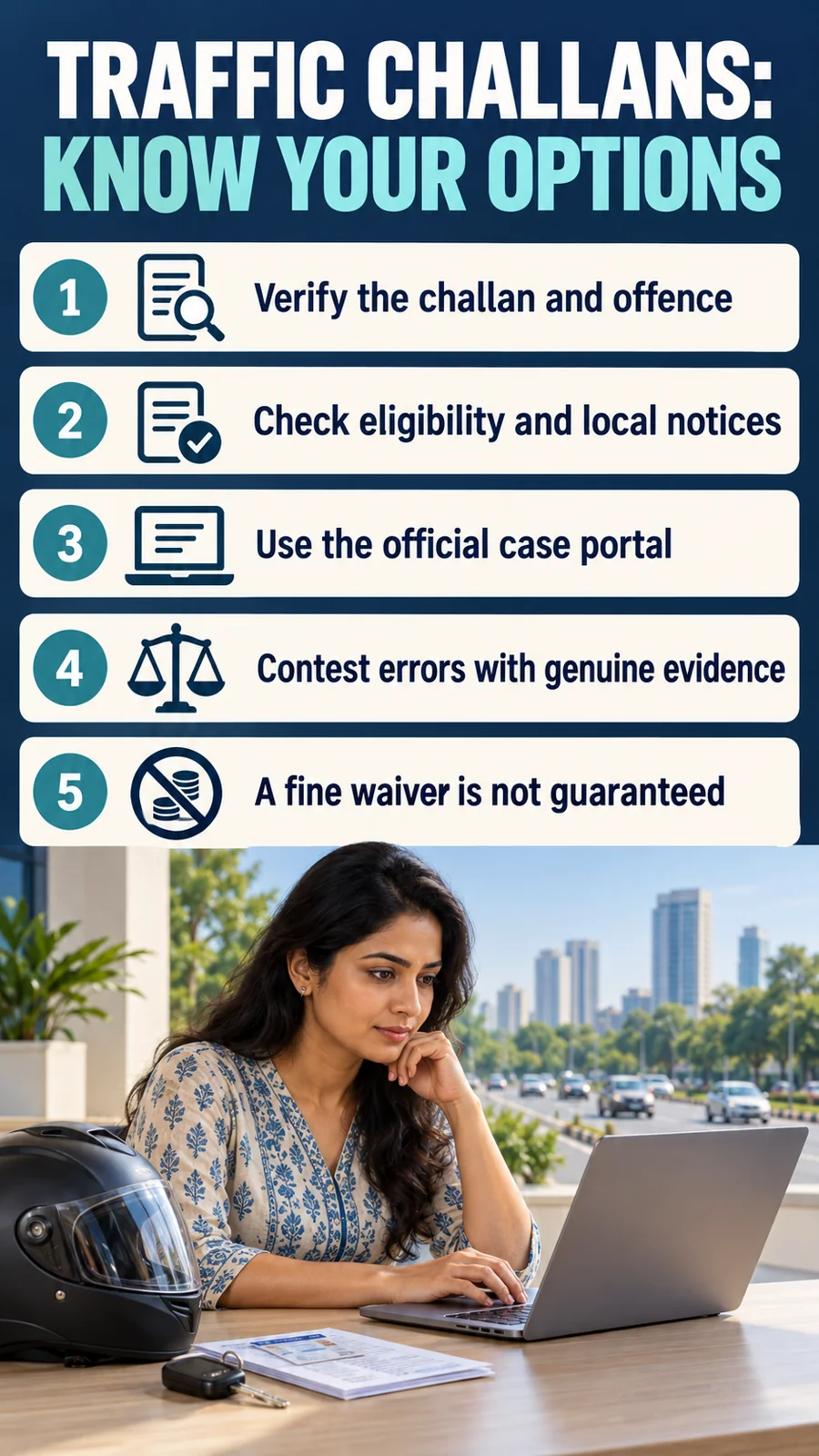 TRAFFIC CHALLANS: KNOW YOUR OPTIONS · Verify the challan and offence · Check eligibility and local notices · Use the official case portal · Contest errors with genuine evidence · A fine waiver is not guaranteed