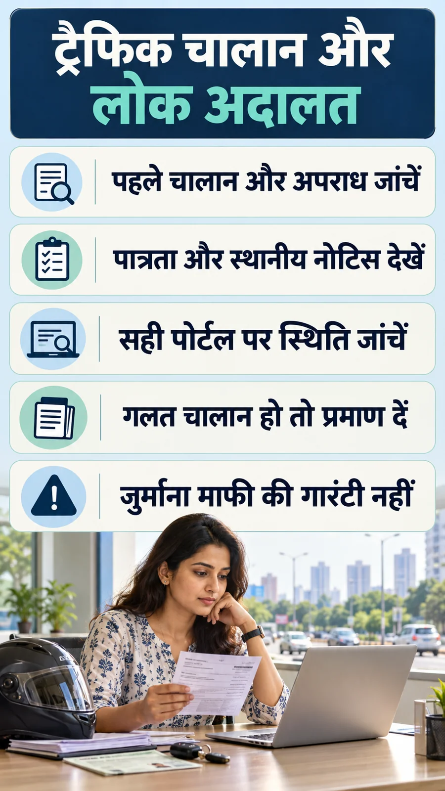 ट्रैफिक चालान और लोक अदालत · पहले चालान और अपराध जांचें · पात्रता और स्थानीय नोटिस देखें · सही पोर्टल पर स्थिति जांचें · गलत चालान हो तो प्रमाण दें · जुर्माना माफी की गारंटी नहीं