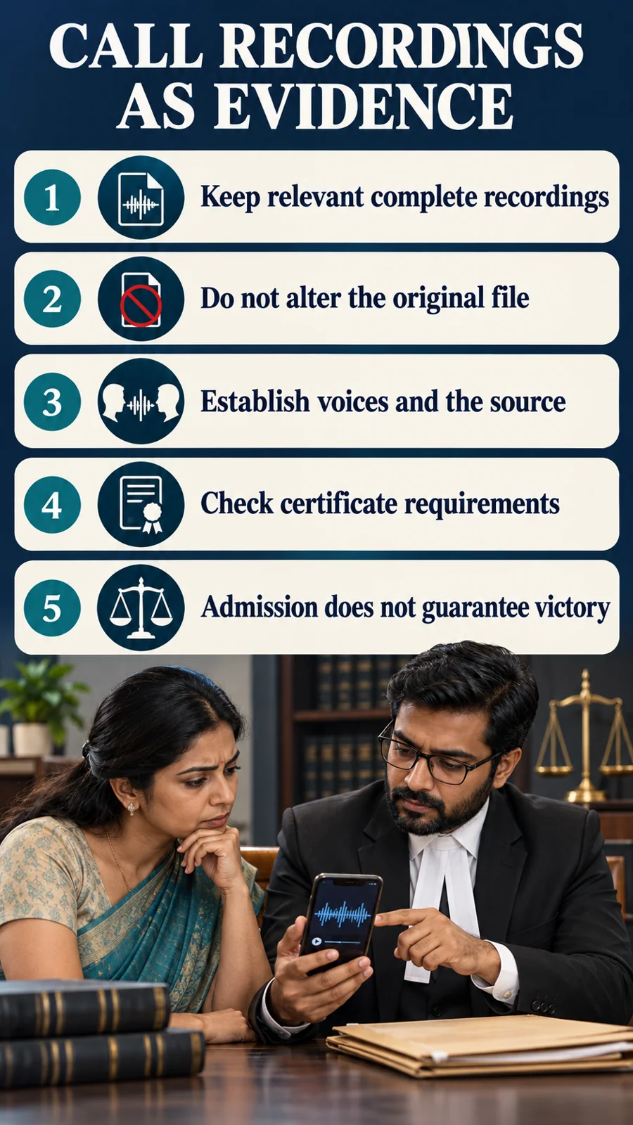 CALL RECORDINGS AS EVIDENCE · Keep relevant complete recordings · Do not alter the original file · Establish voices and the source · Check certificate requirements · Admission does not guarantee victory