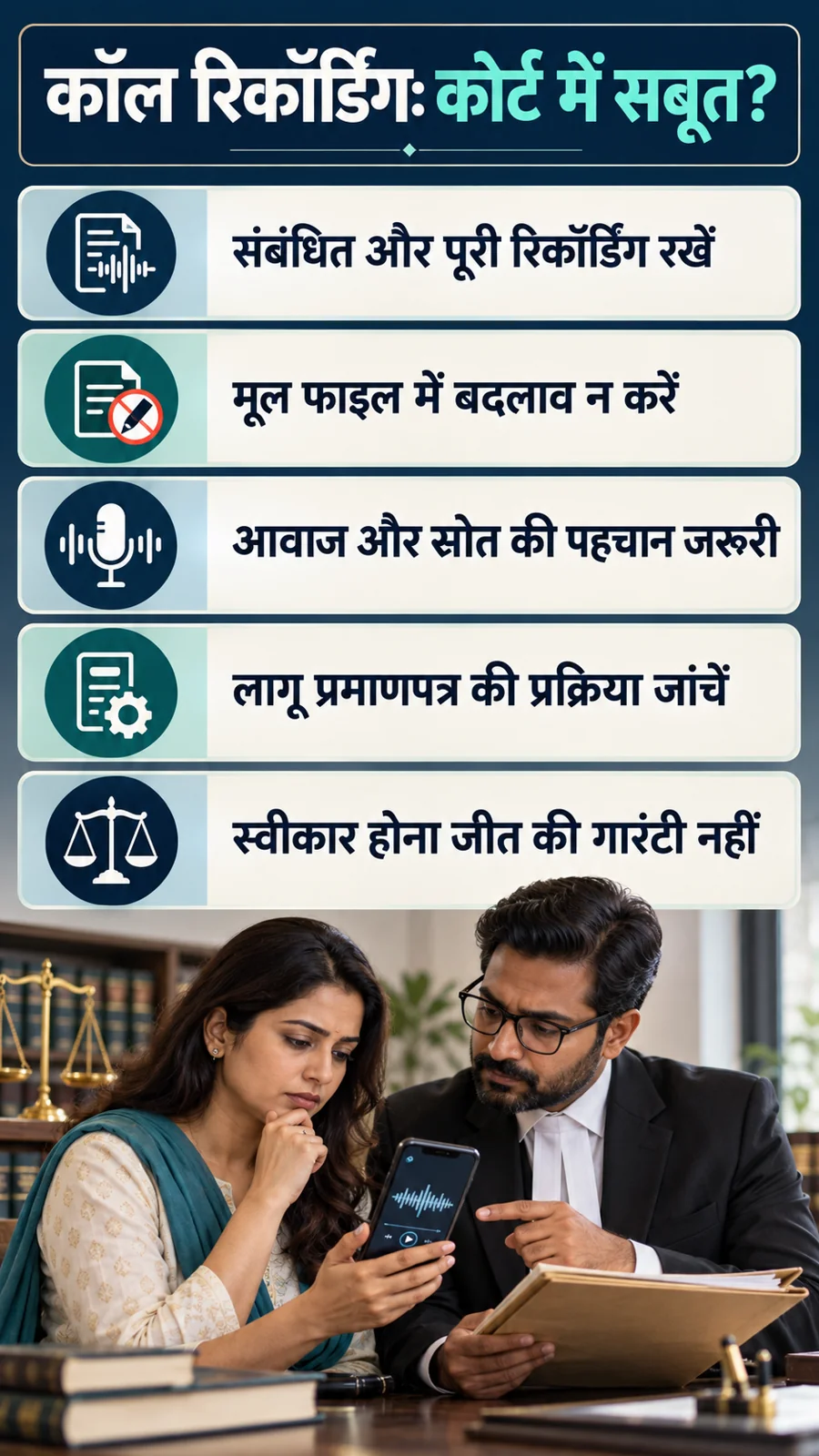 कॉल रिकॉर्डिंग: कोर्ट में सबूत? · संबंधित और पूरी रिकॉर्डिंग रखें · मूल फाइल में बदलाव न करें · आवाज और स्रोत की पहचान जरूरी · लागू प्रमाणपत्र की प्रक्रिया जांचें · स्वीकार होना जीत की गारंटी नहीं