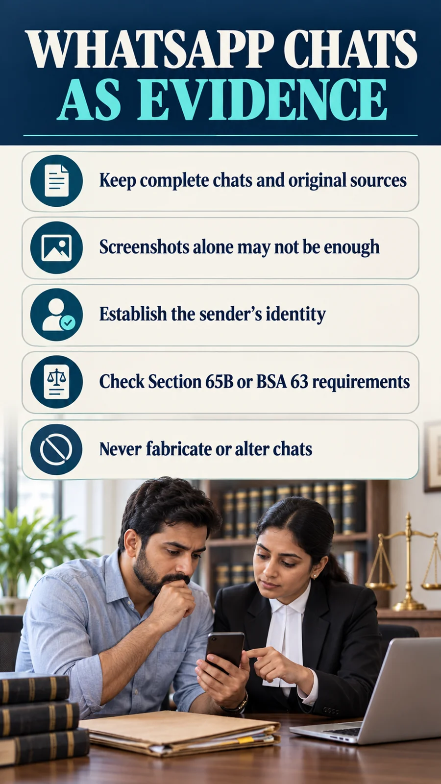 WHATSAPP CHATS AS EVIDENCE · Keep complete chats and original sources · Screenshots alone may not be enough · Establish the sender’s identity · Check Section 65B or BSA 63 requirements · Never fabricate or alter chats