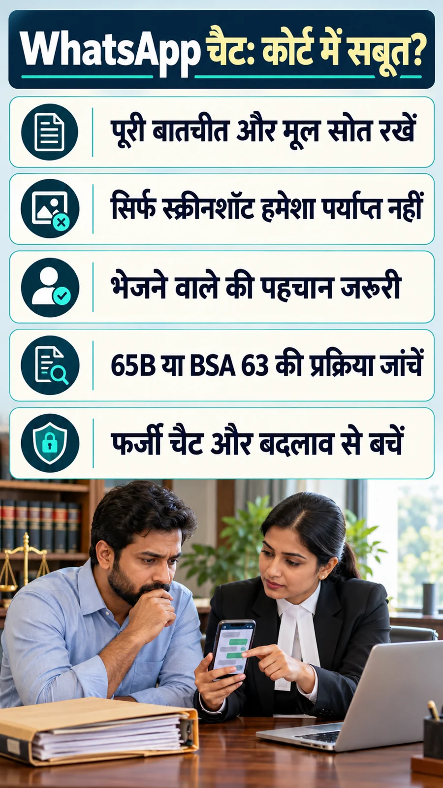 WhatsApp चैट: कोर्ट में सबूत? · पूरी बातचीत और मूल स्रोत रखें · सिर्फ स्क्रीनशॉट हमेशा पर्याप्त नहीं · भेजने वाले की पहचान जरूरी · 65B या BSA 63 की प्रक्रिया जांचें · फर्जी चैट और बदलाव से बचें