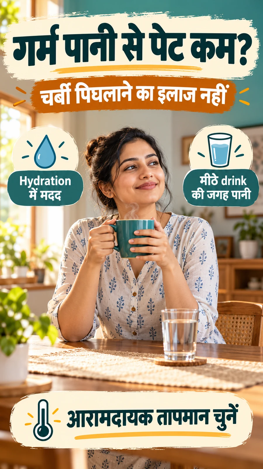 Hindi poster explaining that warm water supports hydration but does not melt belly fat